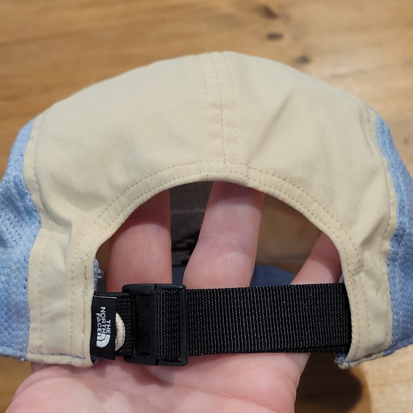 The North Face 5 Panel Hat Cap Beige Blue Lightweight Nylon Hiking Running