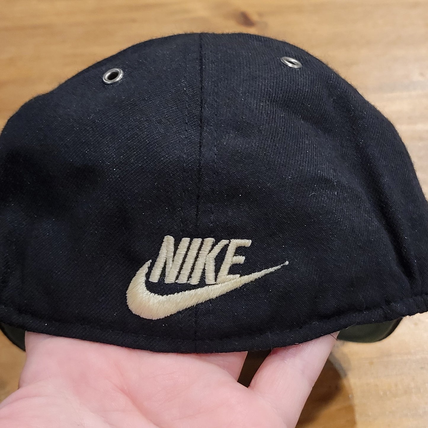 Vintage Nike Hat Swoosh Arch Spell Out Flex Sit Size S/M Black 90s Y2K Wool Blen
