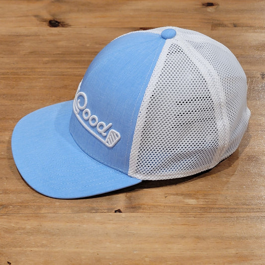 Good Good Hat Cap Snapback Golf Mesh Back Trucker Blue White Script Spell Out