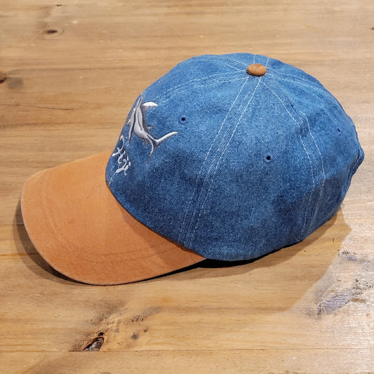 Fiji Shark Embroidered Denim Baseball Cap Hat Blue Tan Contrast Brim Adjustable