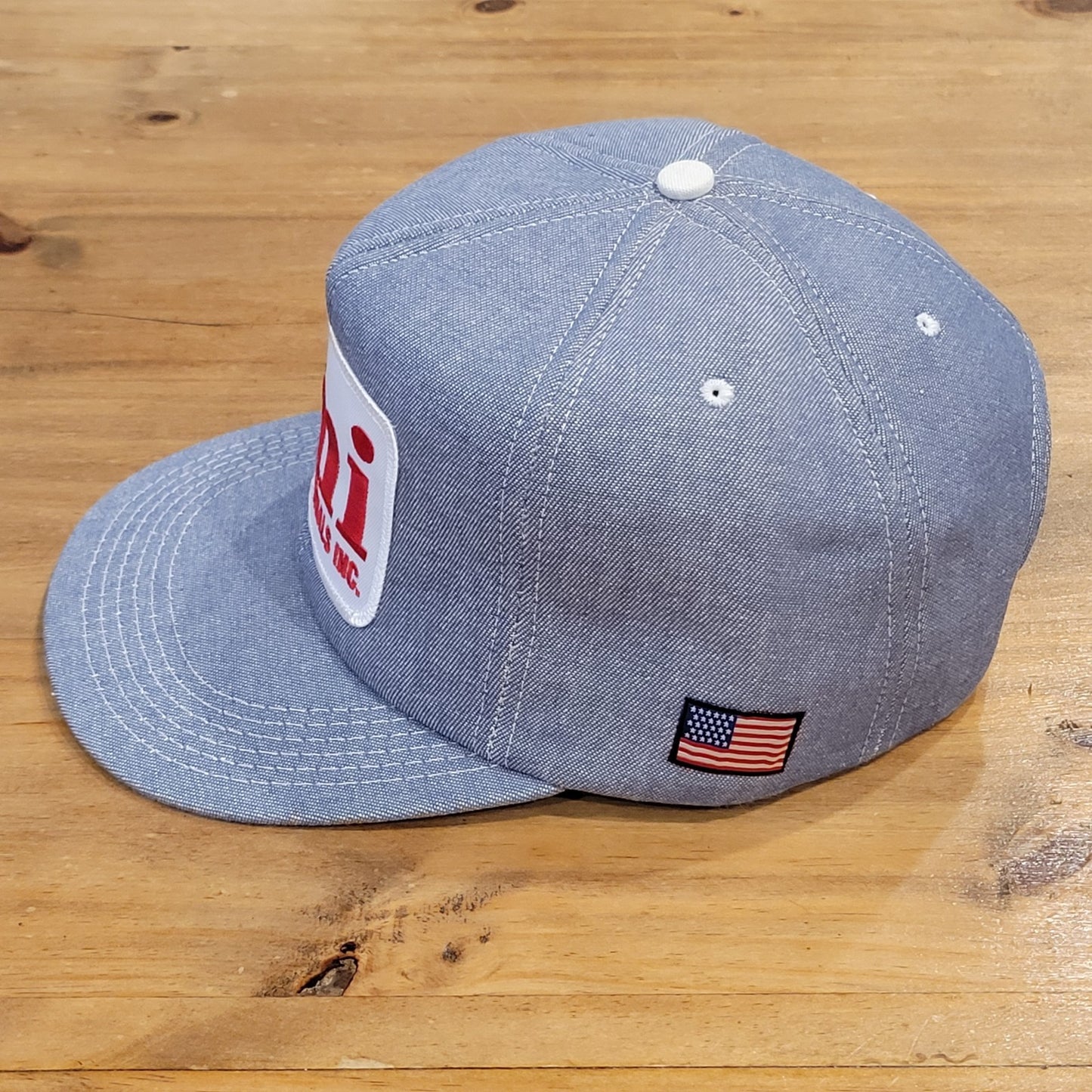 Vintage Irving Materials Denim Trucker Hat Snapback Big Patch imi Made USA Foam