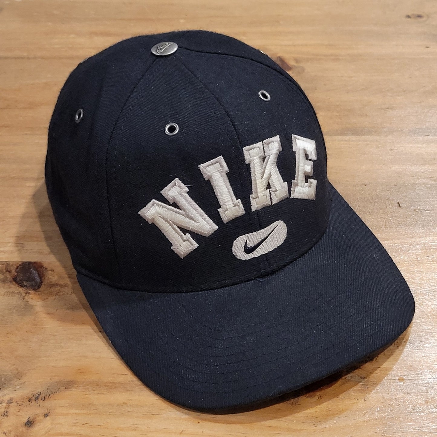 Vintage Nike Hat Swoosh Arch Spell Out Flex Sit Size S/M Black 90s Y2K Wool Blen