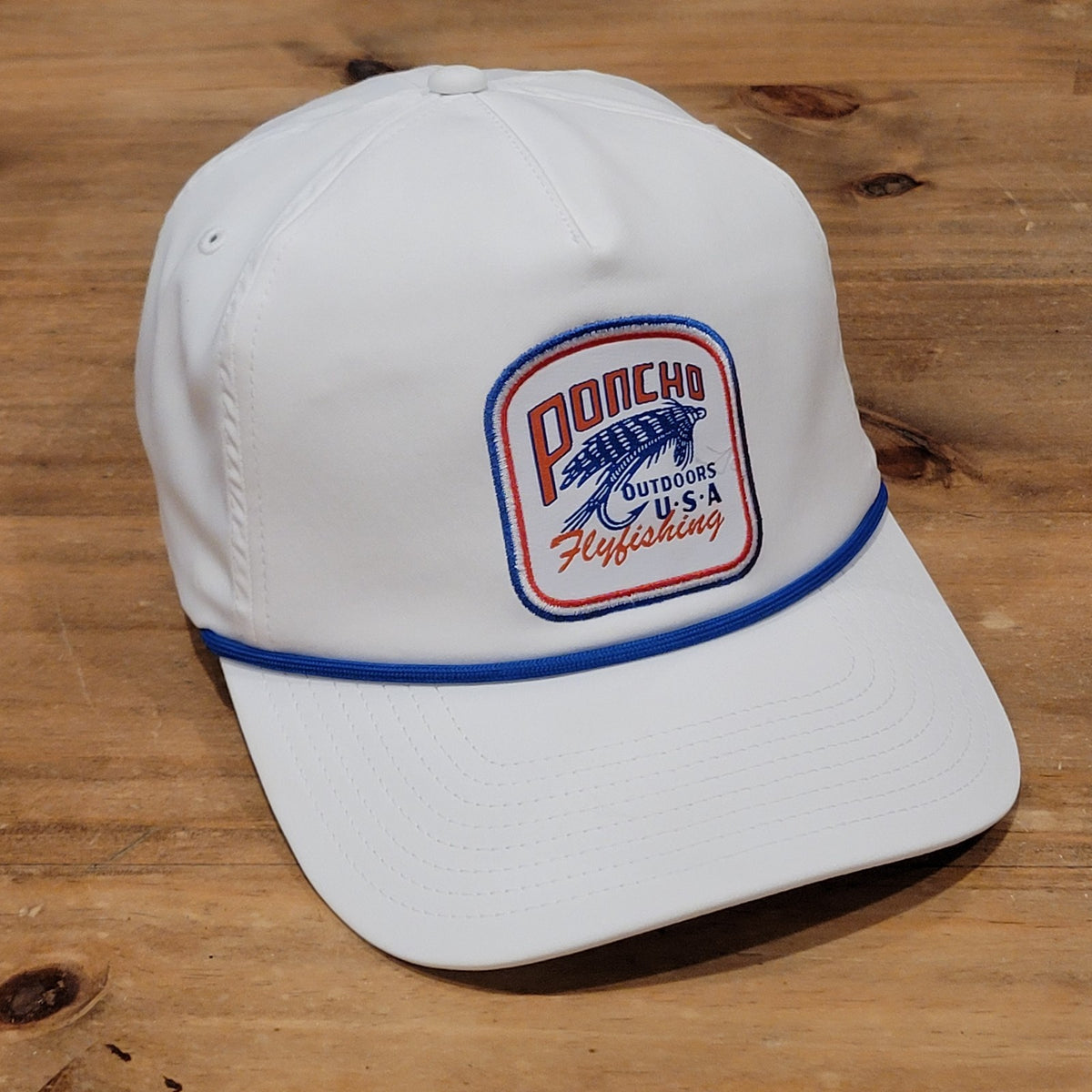 Poncho Outdoors Hat Snapback White Fly Fishing USA Patch One Size Rope Fish