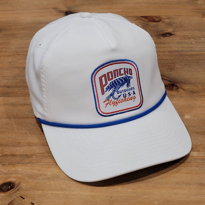 Poncho Outdoors Hat Snapback White Fly Fishing USA Patch One Size Rope Fish
