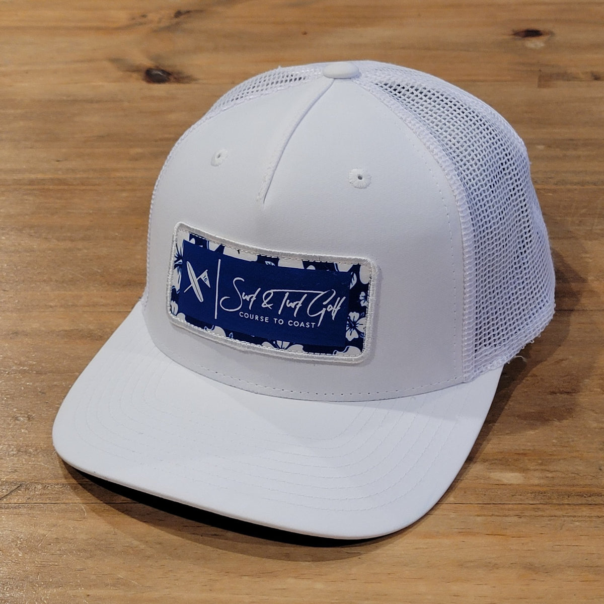 Surf & Turf Golf Hat Cap Snapback White Blue PAtch Hawaiian Floral Beach Mesh