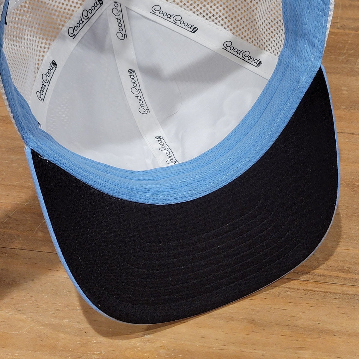 Good Good Hat Cap Snapback Golf Mesh Back Trucker Blue White Script Spell Out