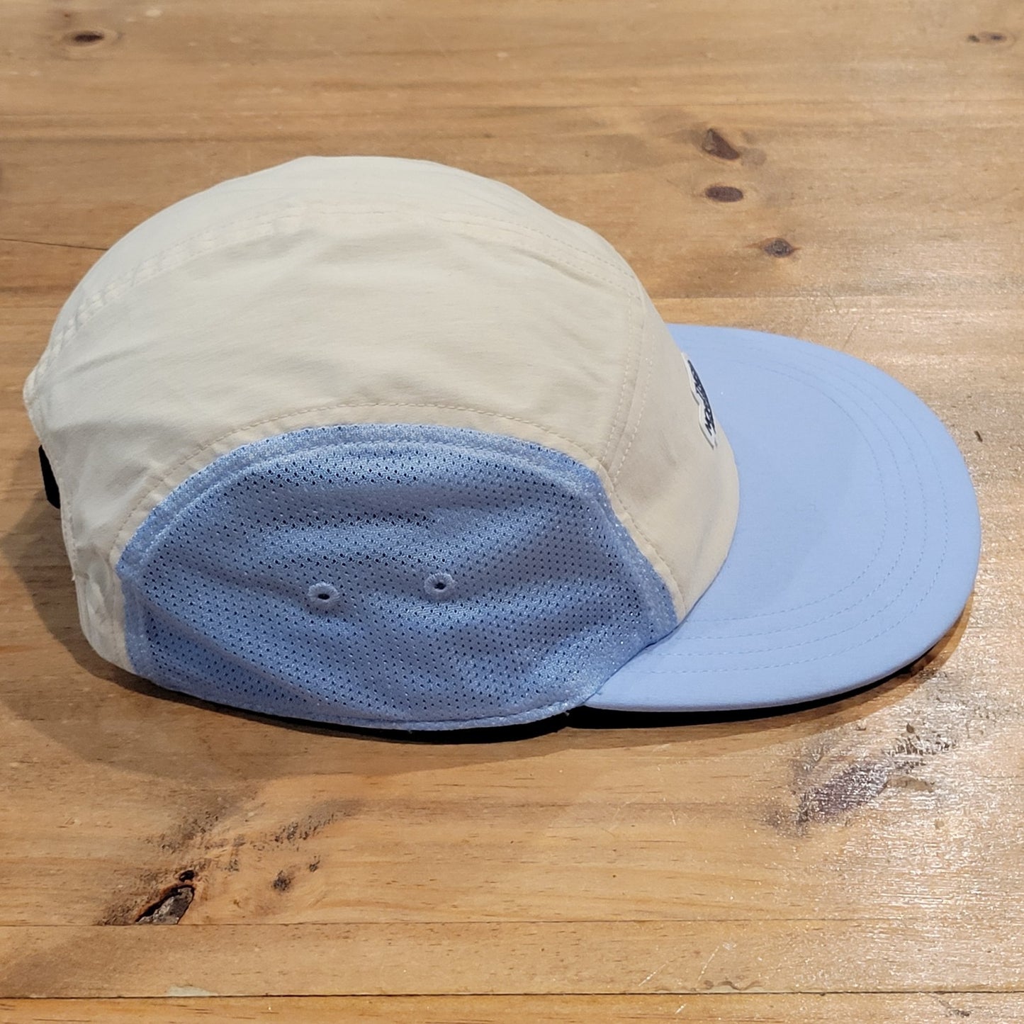 The North Face 5 Panel Hat Cap Beige Blue Lightweight Nylon Hiking Running