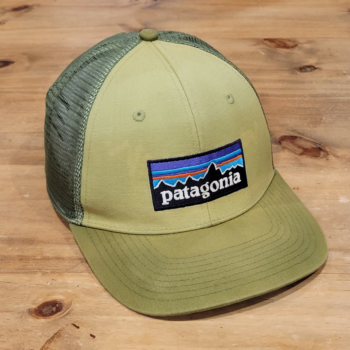 Patagonia Hat Snapback Green Trucker Mesh Back Outdoor Mountain Spell Out Faded