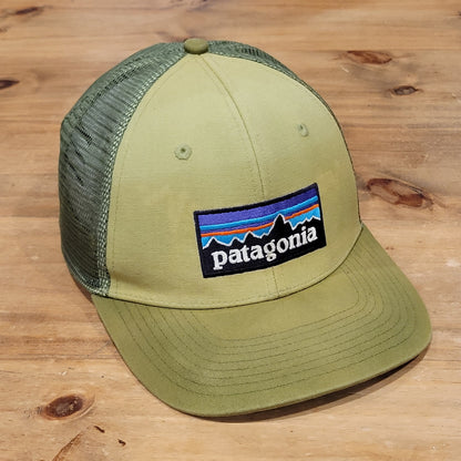 Patagonia Hat Snapback Green Trucker Mesh Back Outdoor Mountain Spell Out Faded