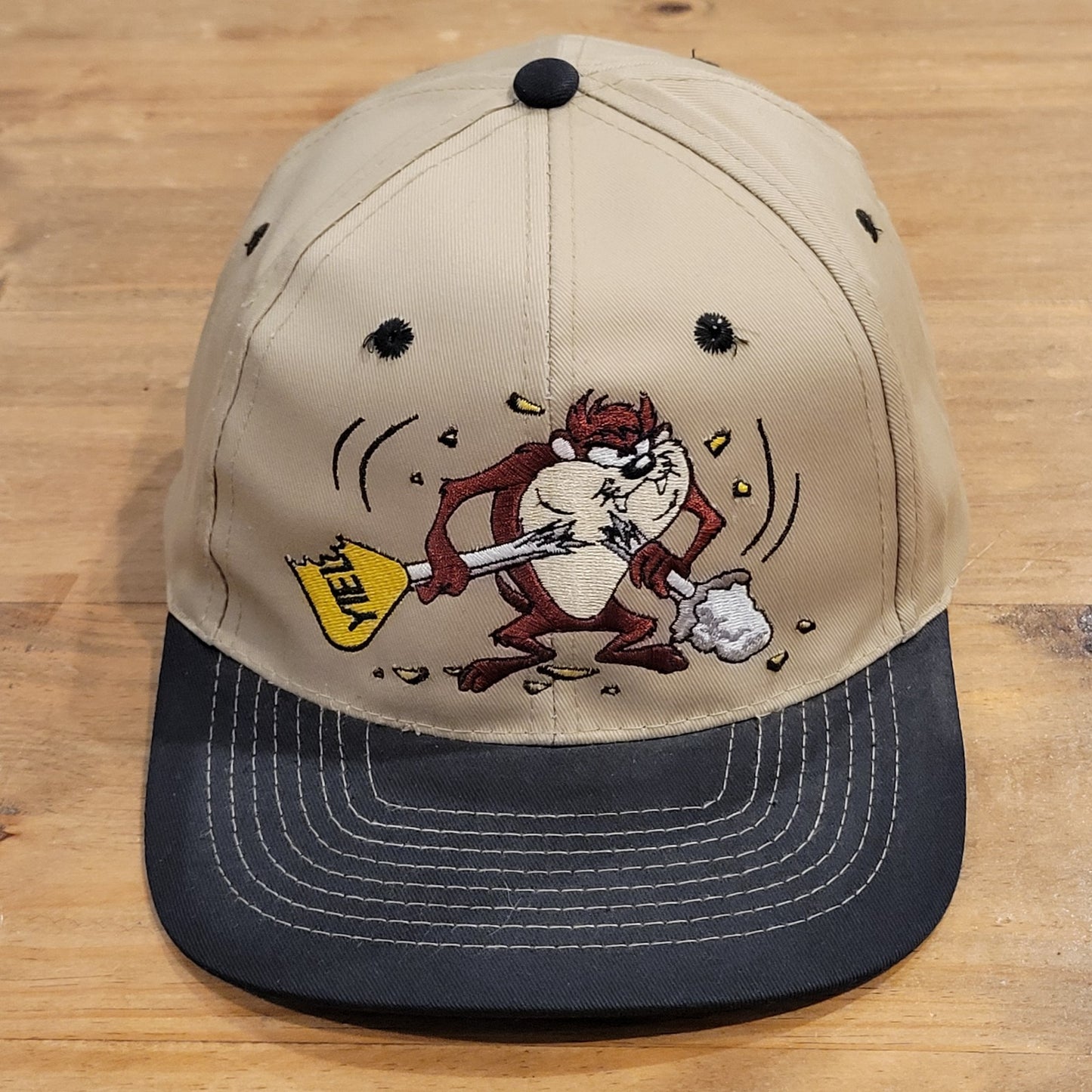 Vintage Taz Tasmanian Devil Six Flags Hat Brown Yield Sign One Size 90s 1997