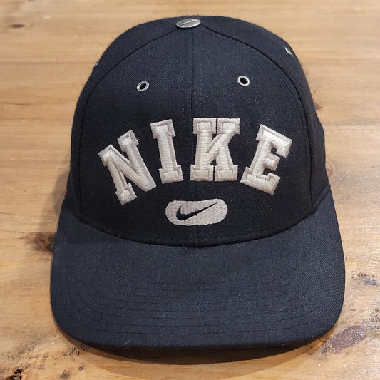 Vintage Nike Hat Swoosh Arch Spell Out Flex Sit Size S/M Black 90s Y2K Wool Blen