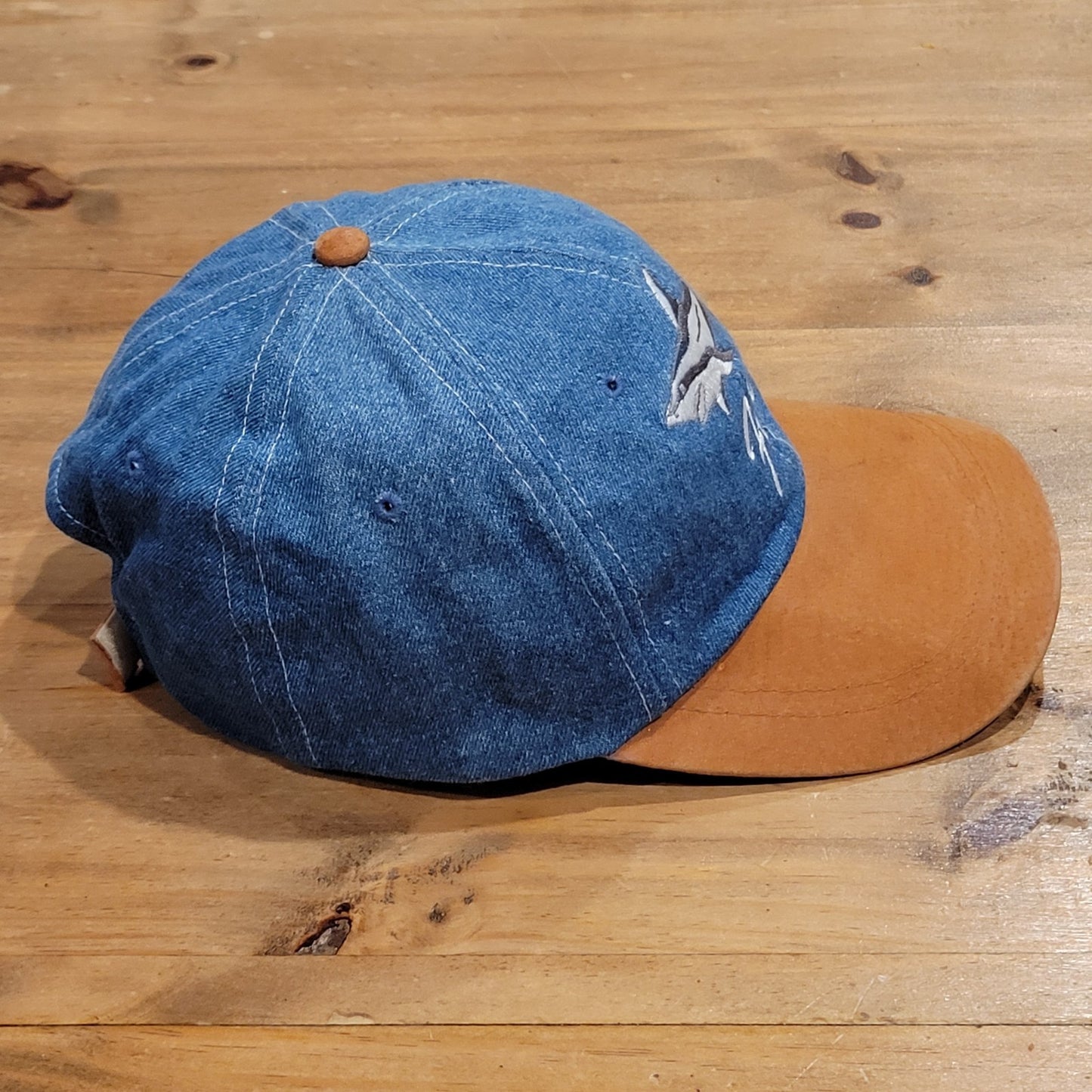Fiji Shark Embroidered Denim Baseball Cap Hat Blue Tan Contrast Brim Adjustable