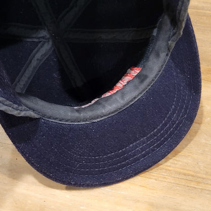 VTG Mammoth Mountain Ski Hat Cap Ear Flaps Navy Blue Wool Winter Snow Resort 90s