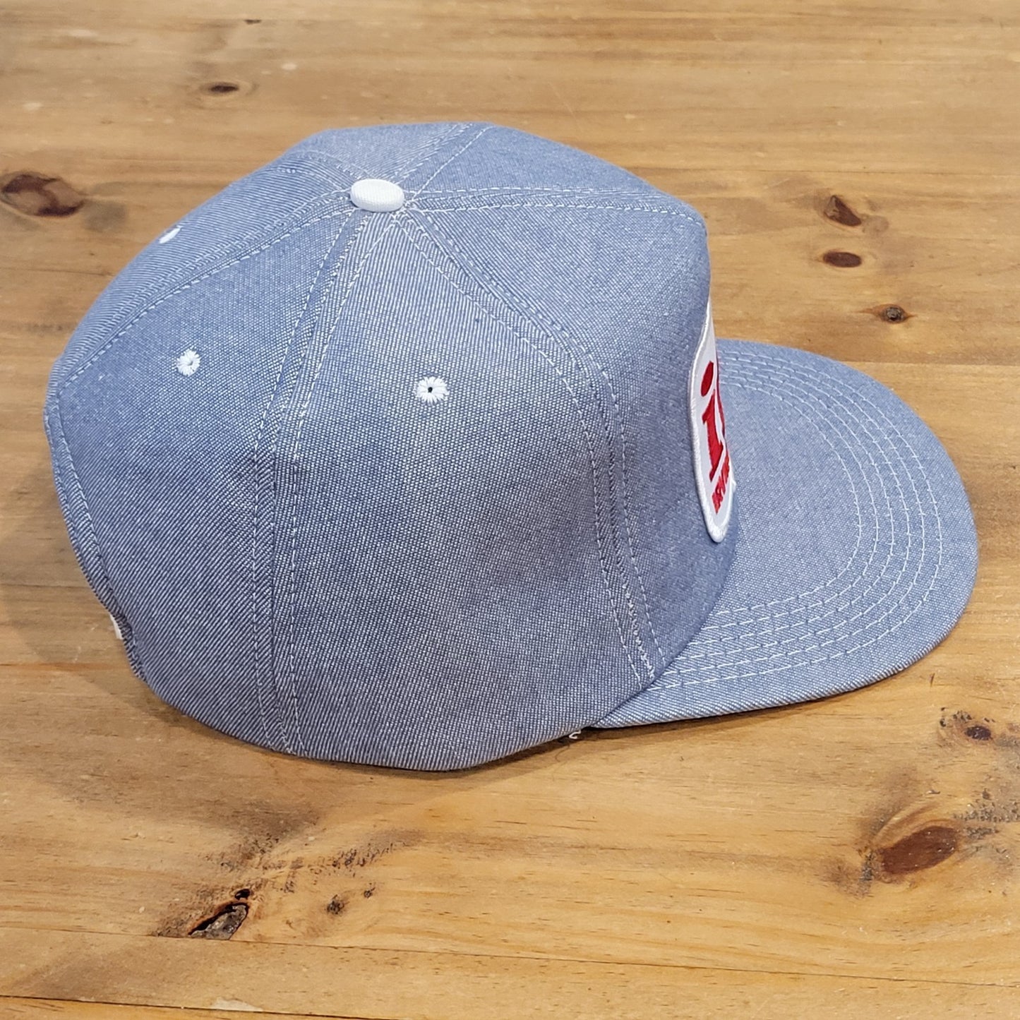 Vintage Irving Materials Denim Trucker Hat Snapback Big Patch imi Made USA Foam