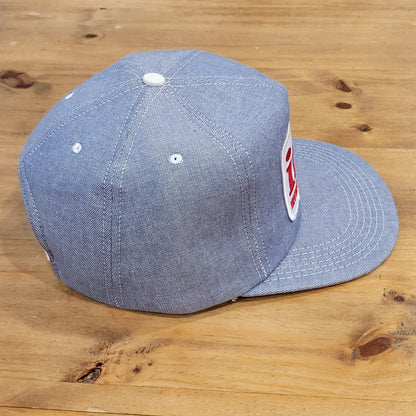 Vintage Irving Materials Denim Trucker Hat Snapback Big Patch imi Made USA Foam