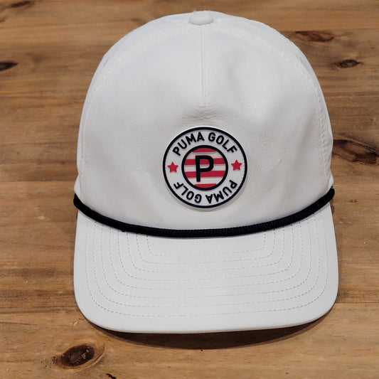 Puma Golf Hat Cap Snapback White Rope Pars & Stripes PVC Round Patch Logo