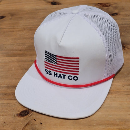 Southern String Hat Snapback USA Flag Rope Trucker Mesh Back White Western
