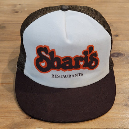 Vintage Shari's Restaurants Hat Snapback 70s 80s Family Food Pies Brown White