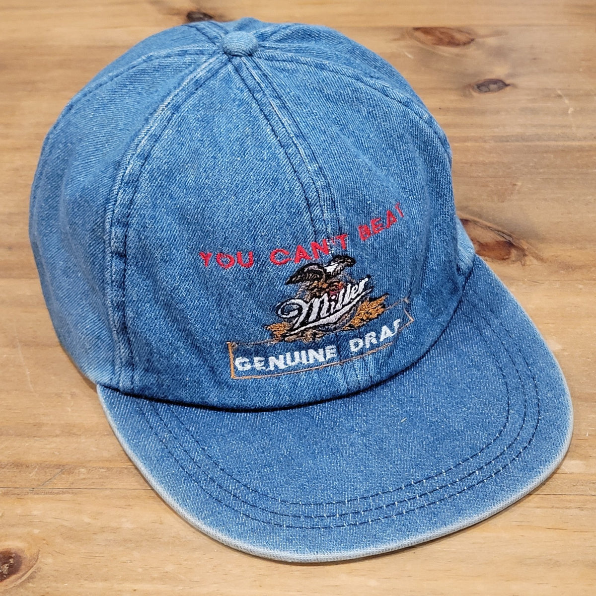Vintage Miller Genuine Draft Denim Hat Leather Strap Back 90s You Cant Beat Beer