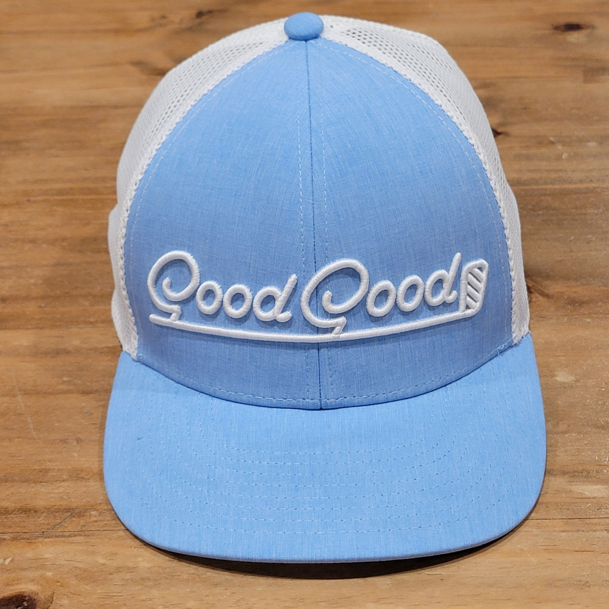 Good Good Hat Cap Snapback Golf Mesh Back Trucker Blue White Script Spell Out