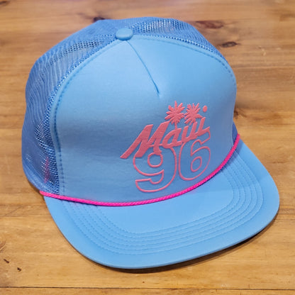 Vintage Maui Hawaii 1996 96 Trucker Hat Blue Pink Neon Rope Beach