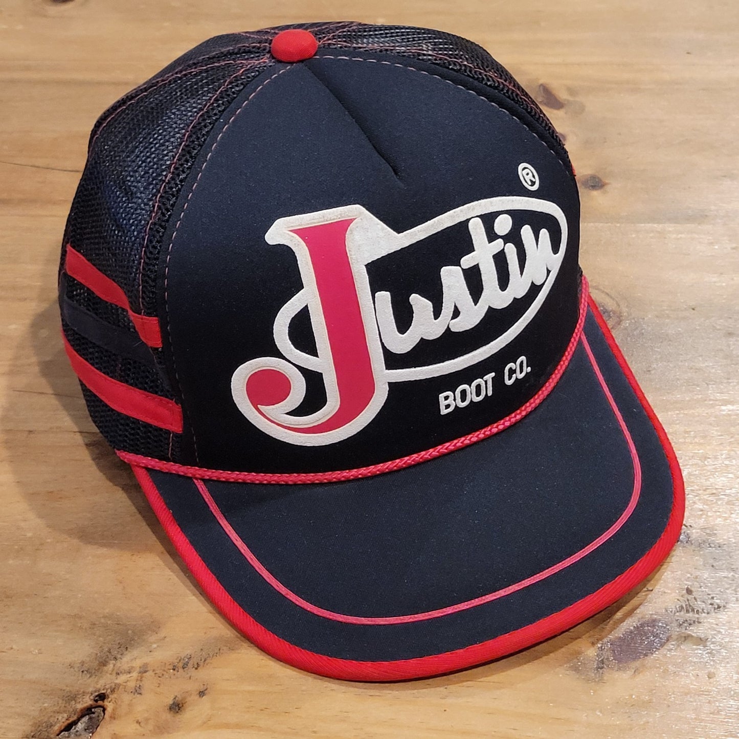 Vintage Justin Boots Hat Snapback Black 3 Stripe Trucker Boot Co 80s Cowboy
