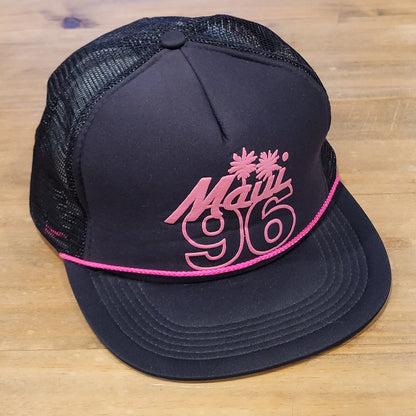 Vintage Maui Hawaii 1996 96 Trucker Hat Black Pink Neon Rope Beach