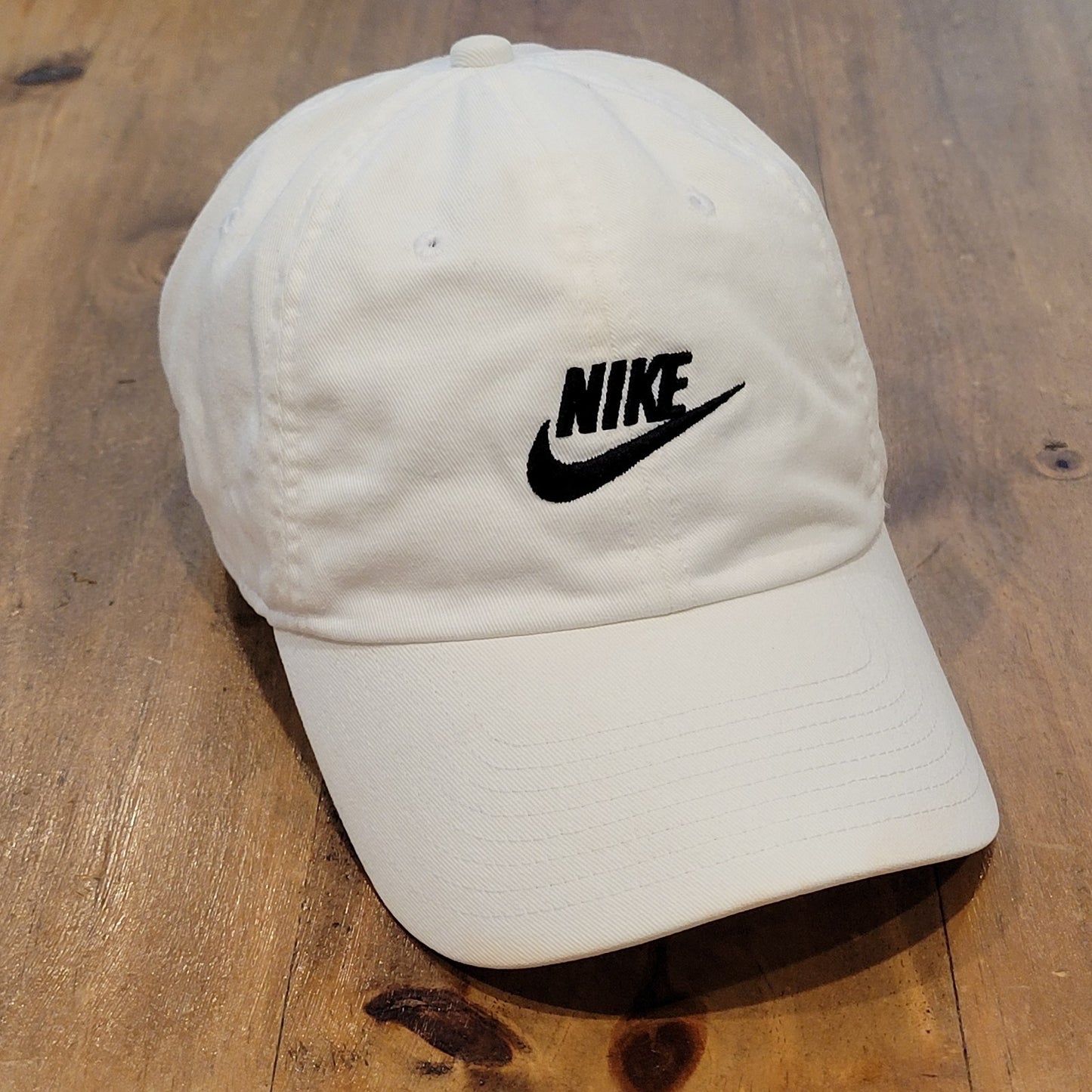 Nike Hat Cap Strap Back White Black Swoosh Spell Out Logo Dad Cotton One Size