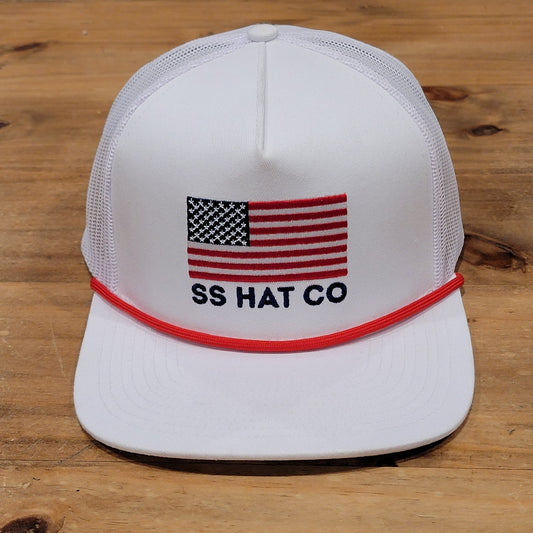 Southern String Hat Co Snapback USA Flag Rope White Logo Trucker Mesh Back