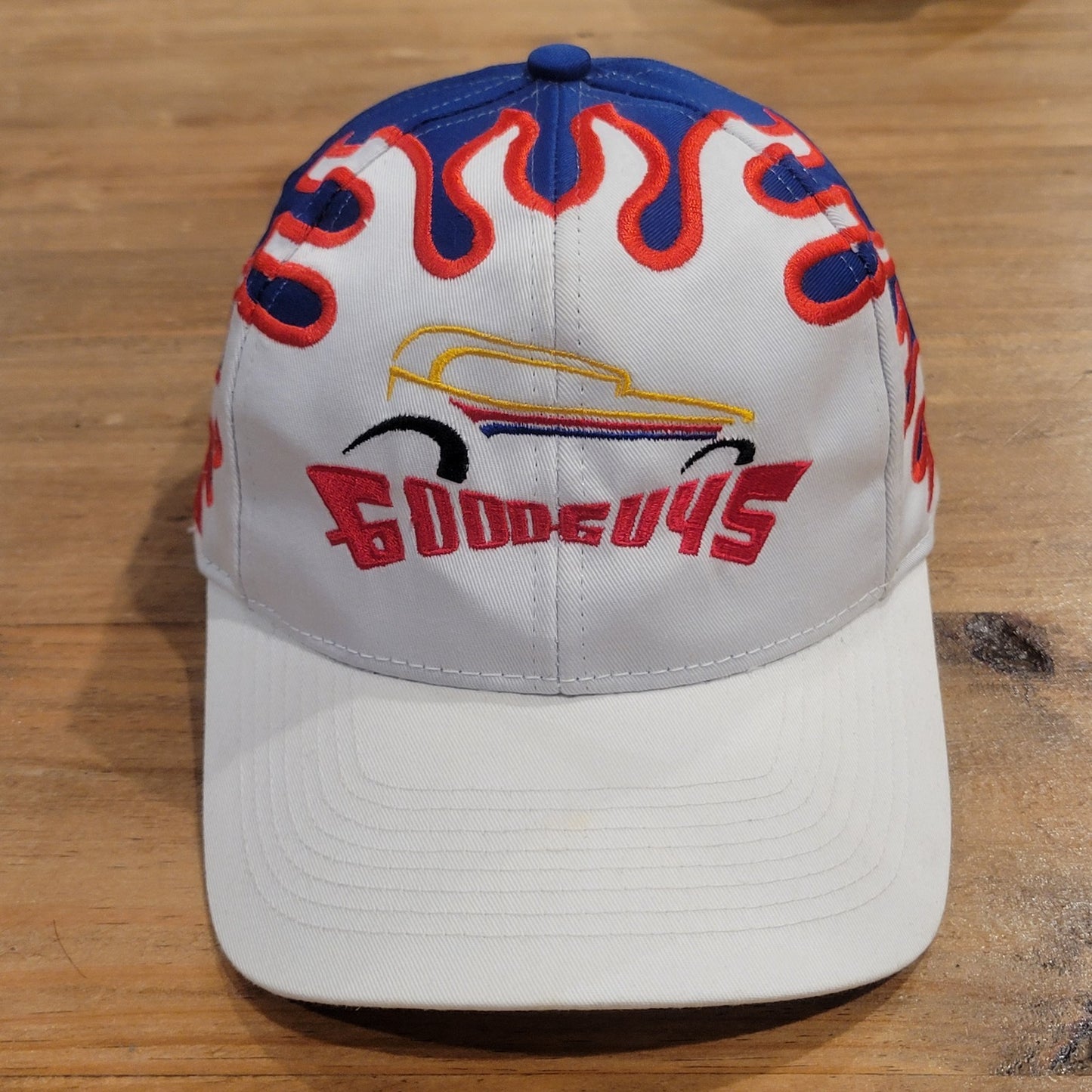 Good Guys Racing Hot Rod Car Flame Embroidered White Blue One Size