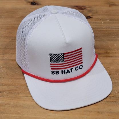 Southern String Hat Co Snapback Trucker White Mesh USA Flag Rope SS Hat One Size