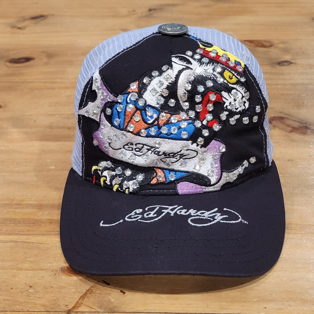 Ed Hardy Hat Cap Snapback Cat Jewels Bedazzle Christian Audigier Black Y2K USA