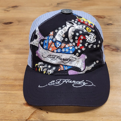 Ed Hardy Hat Cap Snapback Cat Jewels Bedazzle Christian Audigier Black Y2K USA