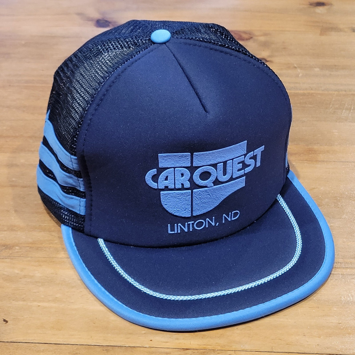 Vintage Car Quest 3 Stripe Trucker Hat Cap Snapback Blue Mesh Back 80s 90s