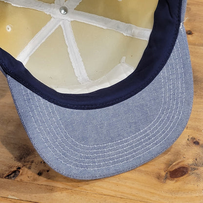 Vintage Irving Materials Denim Trucker Hat Snapback Big Patch imi Made USA Foam