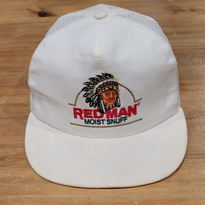 Vintage Red Man Tobacco Moist Snuff Hat Snapback Trucker White Made USA