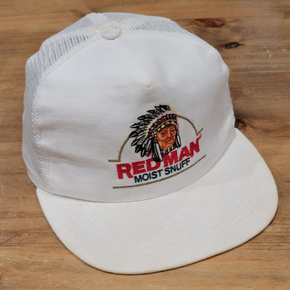 Vintage Red Man Tobacco Moist Snuff Hat Snapback Trucker White Made USA