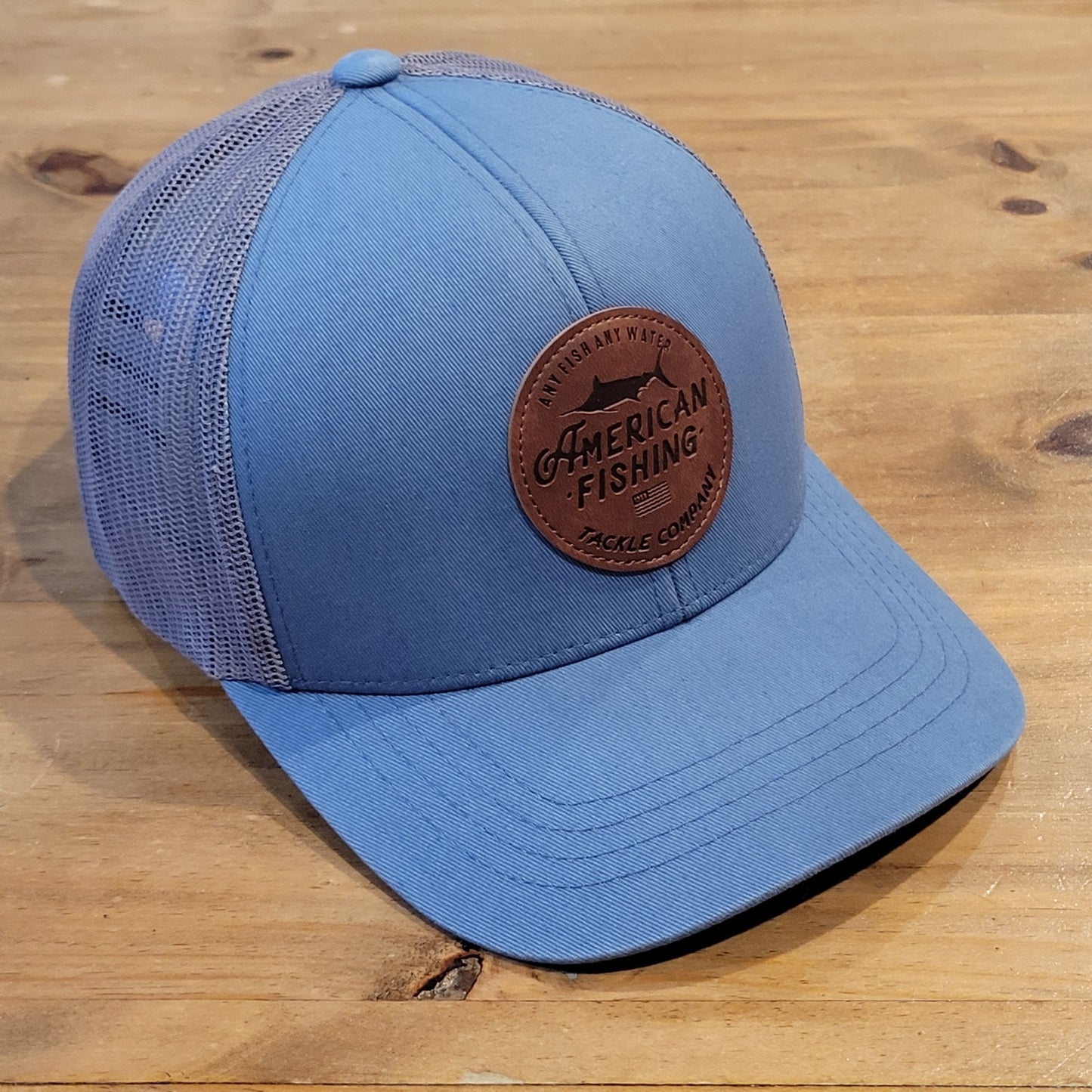 AFTCO Hat Snapback Blue American Fishing Leather Patch Trucker Fish Tackle Co