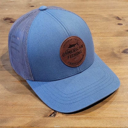 AFTCO Hat Snapback Blue American Fishing Leather Patch Trucker Fish Tackle Co