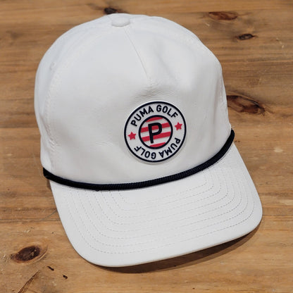 Puma Golf Hat Cap Snapback White Rope Pars & Stripes PVC Round Patch Logo