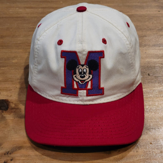 Vintage Mickey Mouse Disney World Hat M Logo Made USA White Red One Size 90s