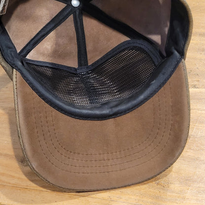 Vtg Cabela's Genuine Leather Hunting Hat Cap Strapback Made in USA Brown Sidney