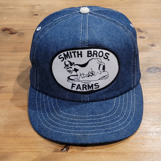 Vintage Smith Bros. Farms Denim Hat 80s Trucker Cow Farm Patch Cowboy Ranch