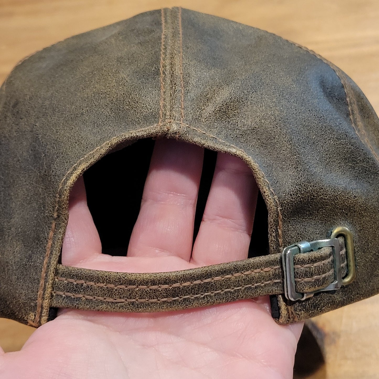 Vtg Cabela's Genuine Leather Hunting Hat Cap Strapback Made in USA Brown Sidney