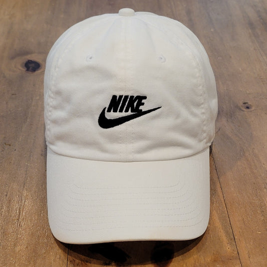Nike Hat Cap Strap Back White Black Swoosh Spell Out Logo Dad Cotton One Size