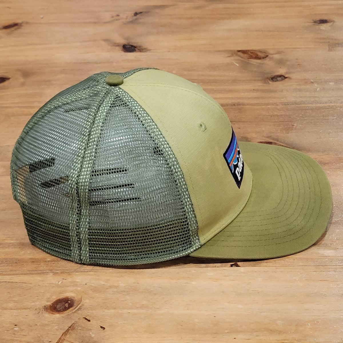 Patagonia Hat Snapback Green Trucker Mesh Back Outdoor Mountain Spell Out Faded
