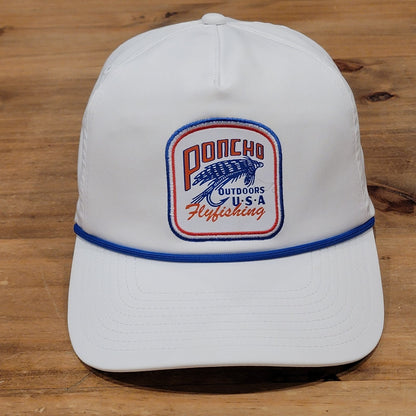 Poncho Outdoors Hat Snapback White Fly Fishing USA Patch One Size Rope Fish