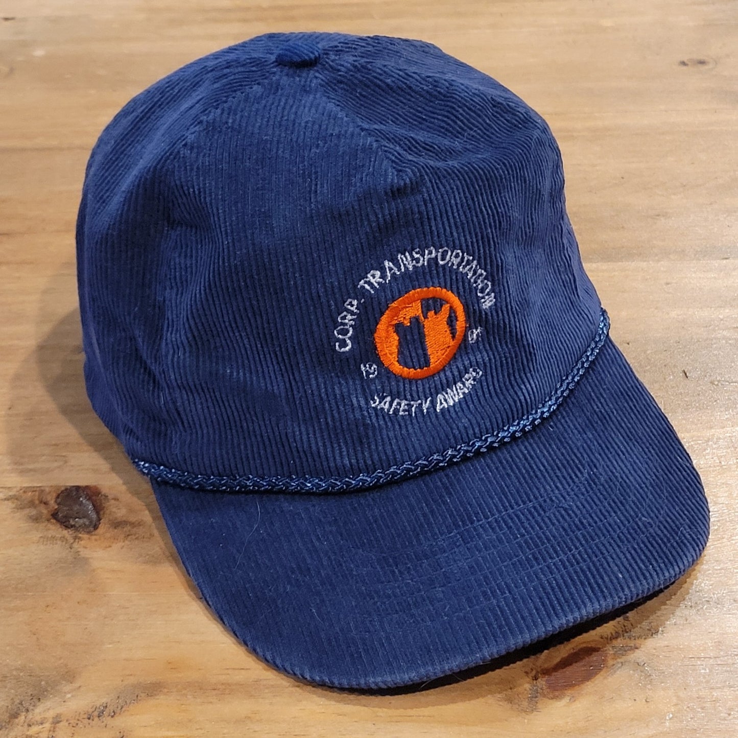 Vtg Transport America Corduroy Trucker Hat Blue Safety Award Snapback Made in US