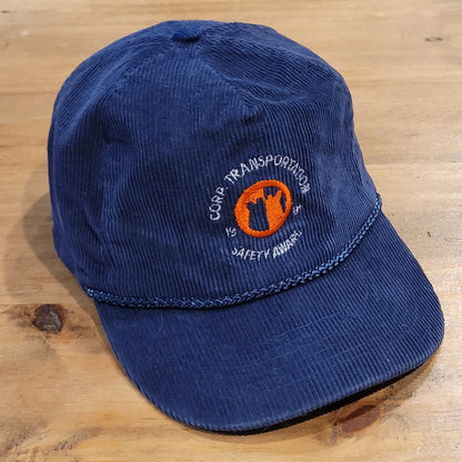 Vtg Transport America Corduroy Trucker Hat Blue Safety Award Snapback Made in US