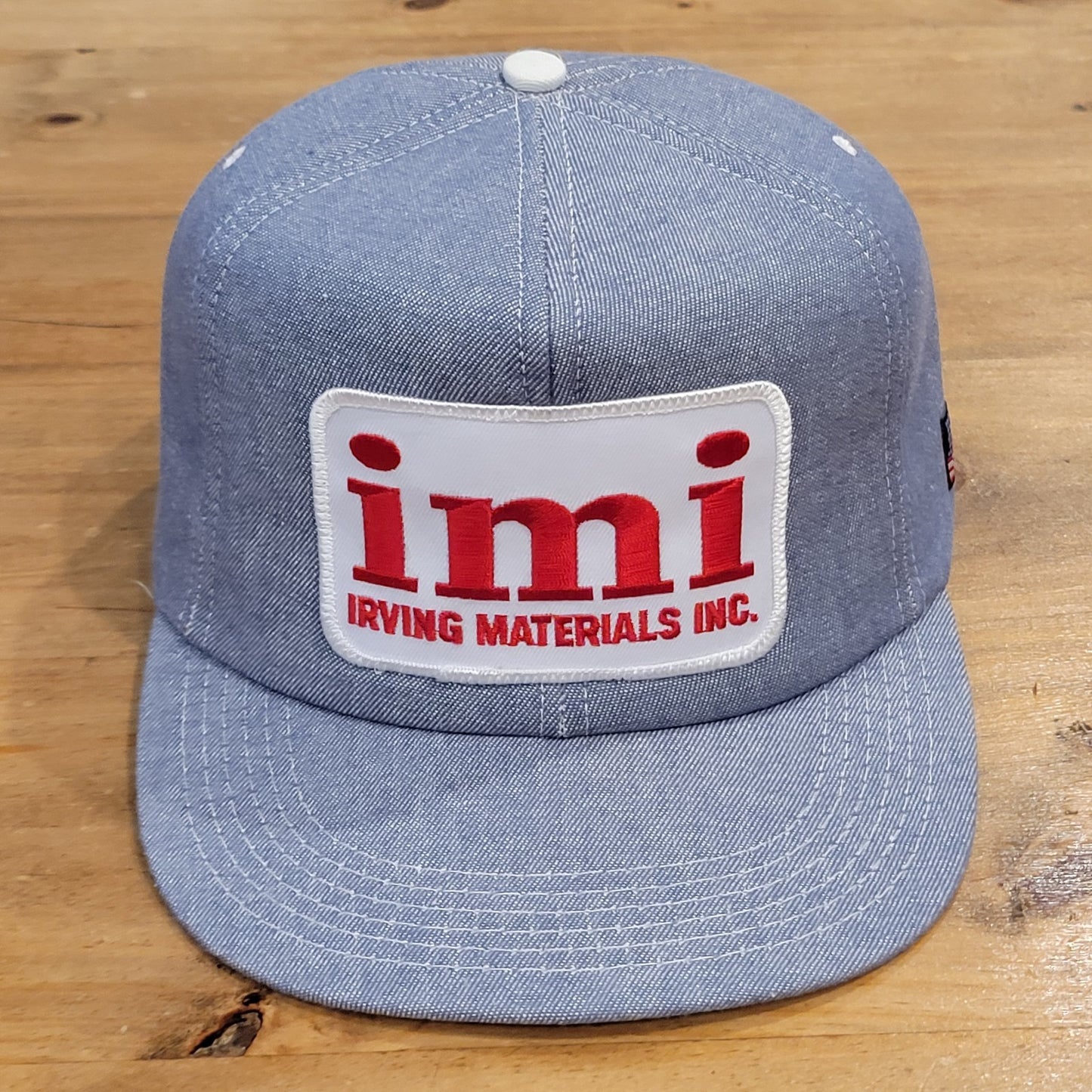 Vintage Irving Materials Denim Trucker Hat Snapback Big Patch imi Made USA Foam